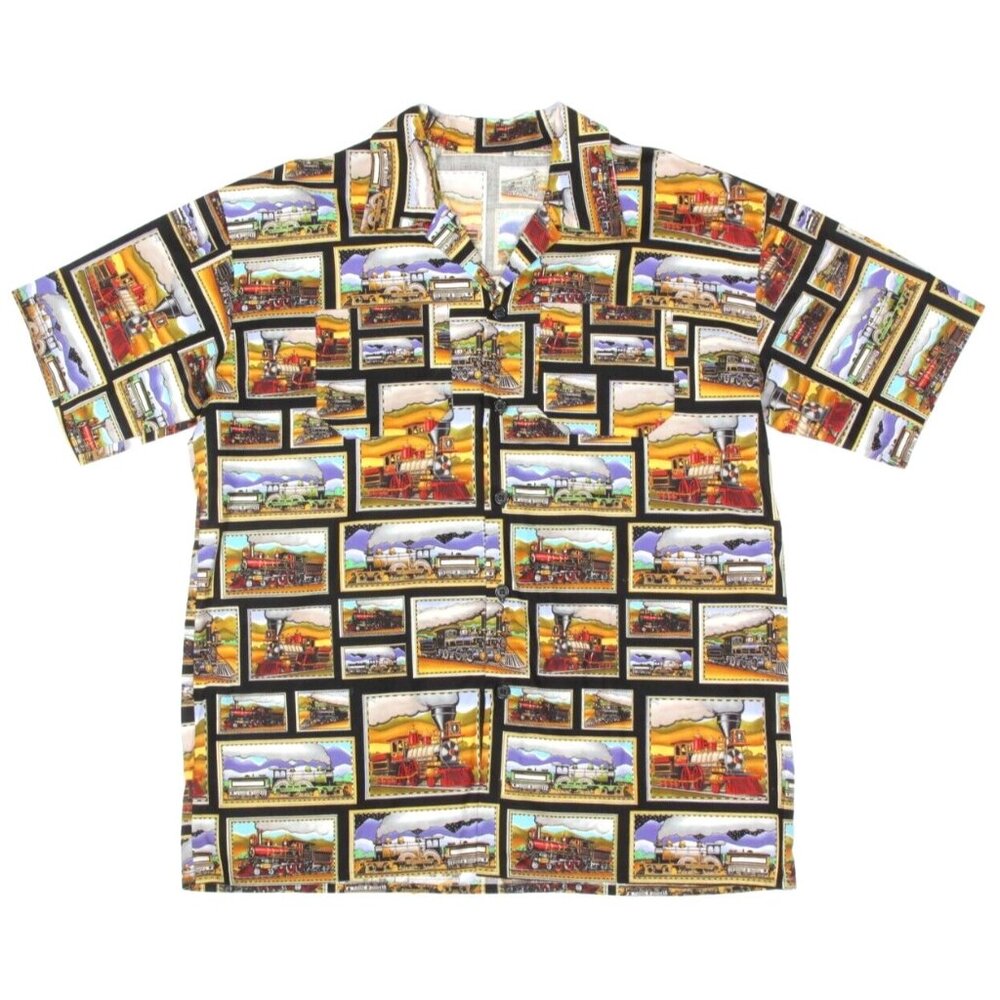 Trains Poscard Picture Ticket to Ride Locomotive Print Button Mens Shirt XL /813